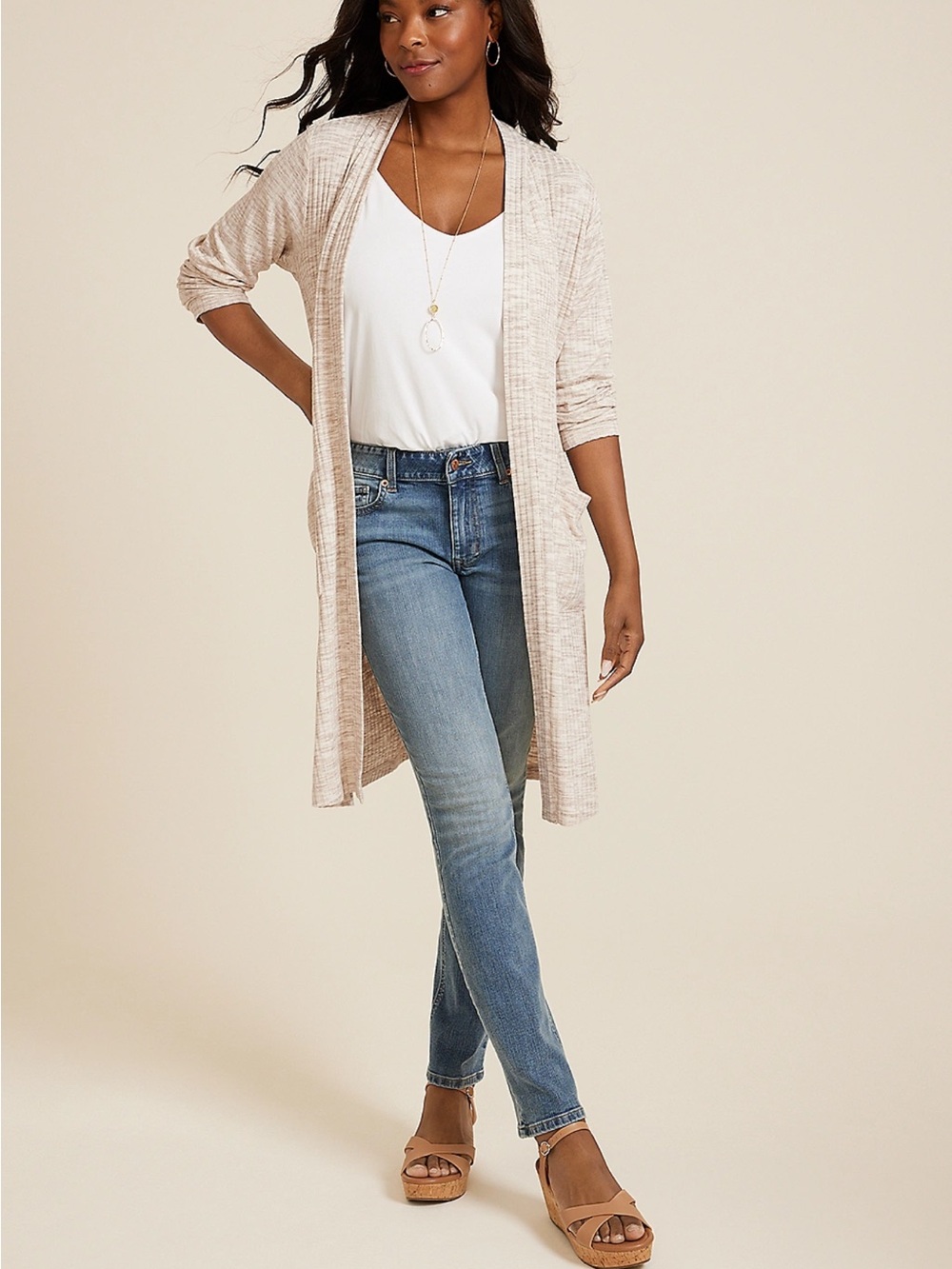 Maurice's Tan Beige Rib Knit Longline Cardigan W Pockets Lightweight Size Large